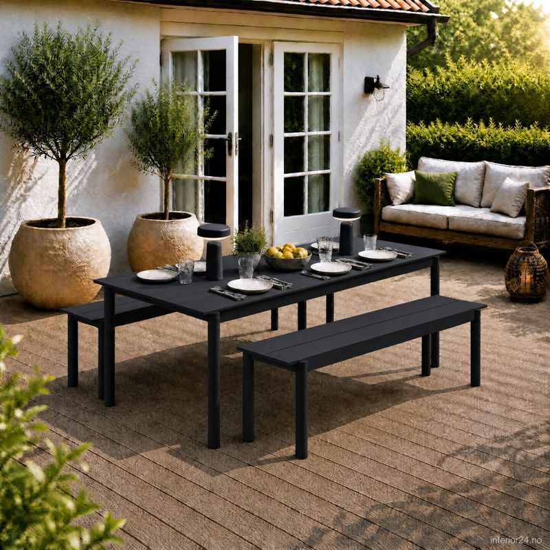 Muuto Spisegruppe Linear Steel Black Table 200 cm 2 x Linear steel Bench 170, svart Hagemøbel utemøbel